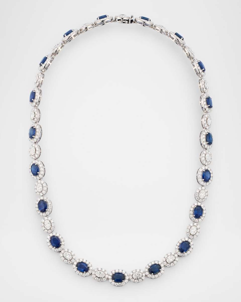 18K White Gold Sapphire and Diamond Classic Tennis Necklace, 16"L